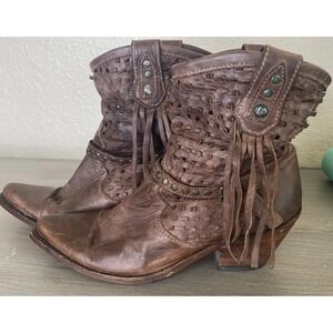 Liberty Black Western Moto Boho Fringe Pointed Toe Boots WomensSZ 9 Brown